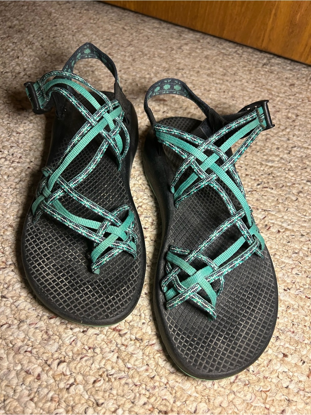 Chaco Women's Teal and Black Strappy Sandals with Patterned Webbing